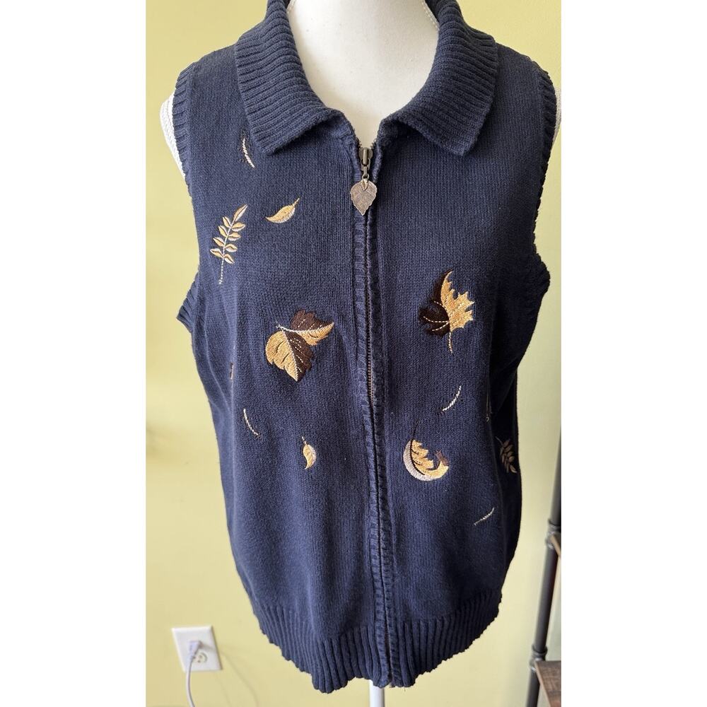 C.J. Banks Leaf Embroidered Zip Vest Blue Nature Cottagecore Size X Cotton Ramie
